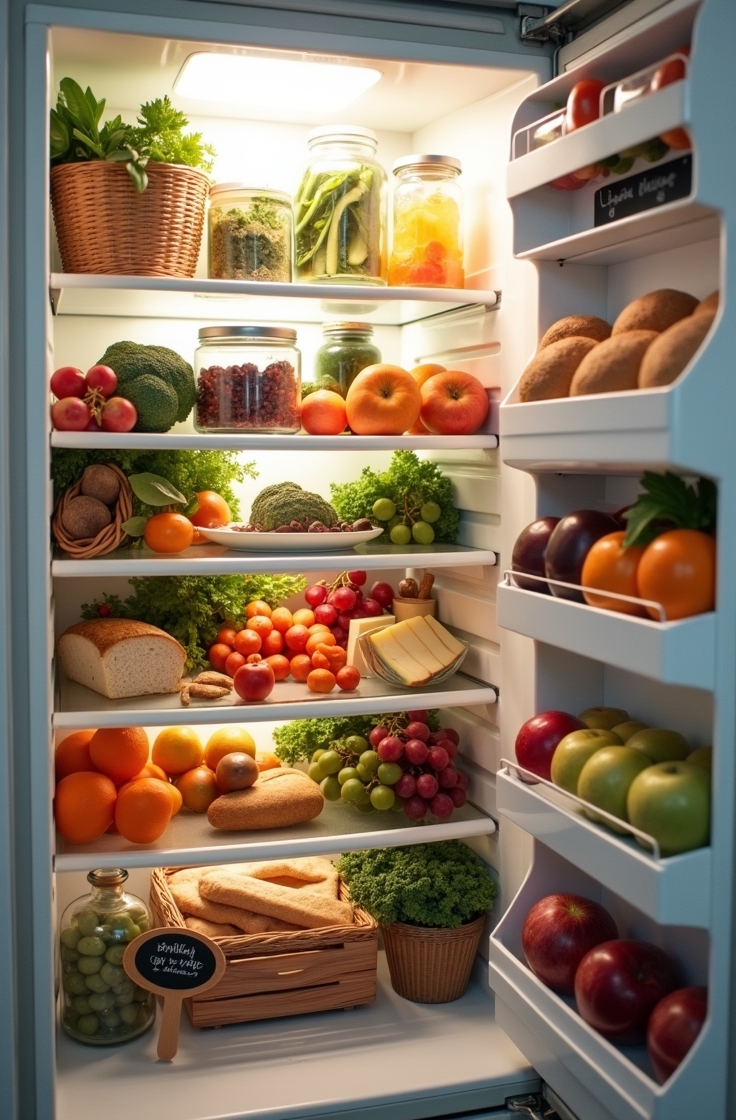 Summer seasonal foods including tomatoes, berries, and watermelon